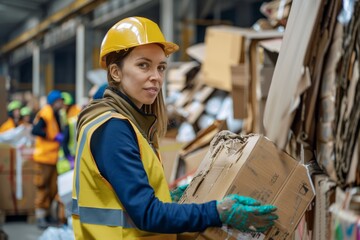 Recycling concept. Young worker in protective vest and gloves holding cardboard while working with colleagues in garbage sorting center.