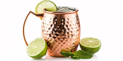 freshly made cocktail Moscow mule in an copper mug with mint and lime
