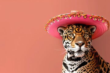 A jaguar wearing a sombrero is staring at the camera. The sombrero is pink and has a red band around it