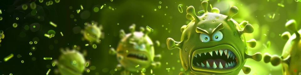 Cartoon angry, attacking viruses with green glowing background - obrazy, fototapety, plakaty