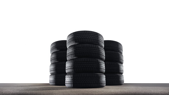 Car tires with a great profile in the car repair shop. Set of summer or winter tyres in front of white fond. On transparent PNG background.