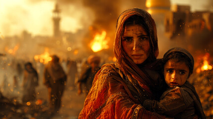 City in ruins: arab woman bravely leads children to safety