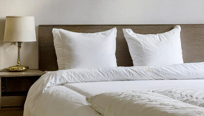 Fototapeta na wymiar White bedding sheets and pillow background, Messy bed concept