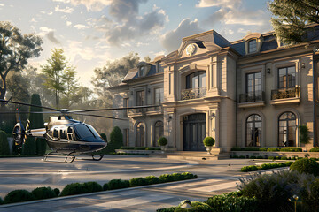 Helikopter vor einer Villa mit Palmen, Reichtum und Wohlstand, Oberschicht, erstellt mit generativer KI