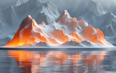 Liquid silver metal mountain with orange gradient, three-dimensional, futuristic surrealism.  - obrazy, fototapety, plakaty