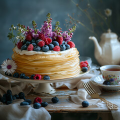 Food photography of a crepe cake for tea time on a table 