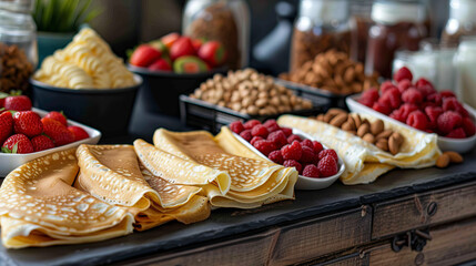 A mouthwatering display of freshly made crepes adorned with various fruits, creams, and nuts on a...