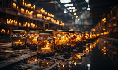 Row of Mason Jars Filled With Candles - obrazy, fototapety, plakaty