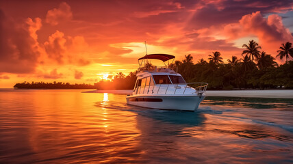 A stunning sunset with vivid colors sets the scene for a luxury yacht cruising near a tropical island.

