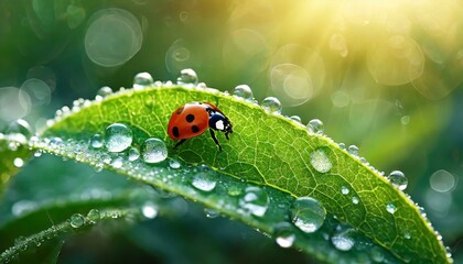 Fototapeta premium Drops of morning dew and ladybug on young juicy fresh greenleaves glow in sunlight in nature