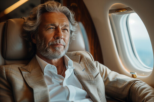 Rich billionaire mature man on a seat of his private jet looking through the plane window