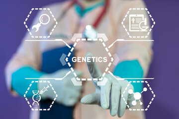 Doctor or scientist using virtual touchscreen sees word: GENETICS. Concept of genetics and healthcare. Checkup, research DNA gene biotechnology biology or genetic cells, futuristic medical innovation.