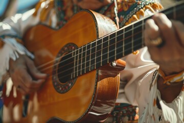 Obraz premium A man is playing a guitar with a brown body and black strings. Mariachi musician playing guitar at Cinco de Mayo festive