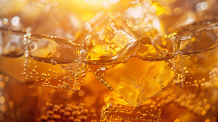 Close-up of ice cubes with a golden splash, ideal for beverage ads.