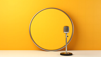 A vintage microphone set against a vibrant circular yellow background, evoking a retro feel with modern flair