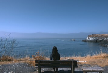 A lonely woman sitting on an empty bench overlooking the ocean, back view. The sea is calm and blue with no waves in sight. She has black hair tied into a ponytail and wears dark . 