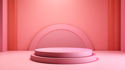 A soft pink backdrop with an arched top and a circular podium for elegant product display