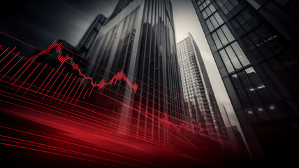A dramatic city skyline is overlaid with a red financial graph, symbolizing economic activity in an urban setting.
