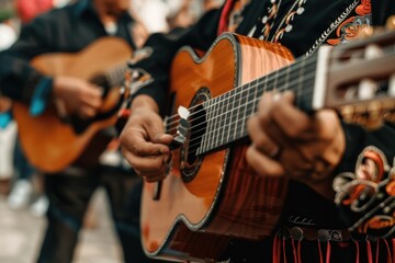 A man is playing a guitar in front of another man. Mariachi musician playing guitar at Cinco de Mayo festive - obrazy, fototapety, plakaty