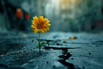 Small flower grow on cracked street - Powered by Adobe