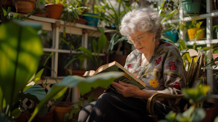 Elderly woman reading a book among houseplants, ideal for leisure and retirement themes.