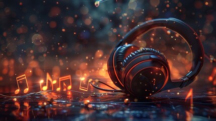 Glowing music sheets notes with headphones on beautiful lights bokeh background.