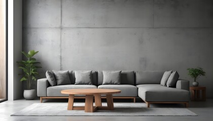 Round wood coffee table near grey corner sofa in room with concrete wall. Minimalist, loft home interior design of modern living room.