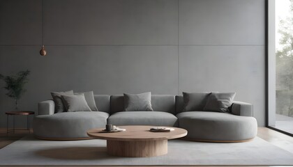 Fototapeta na wymiar Round wood coffee table near grey corner sofa in room with concrete wall. Minimalist, loft home interior design of modern living room.