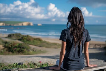 A lonely woman sitting on an empty bench overlooking the ocean, back view. The sea is calm and blue with no waves in sight. She has black hair tied into a ponytail and wears dark .  - Powered by Adobe