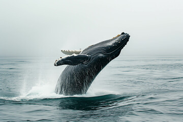 Fototapeta premium Whales jumping above the surface of the sea in the vast ocean.
