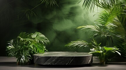 Green Product background with stone plinth and Tropical Leaves