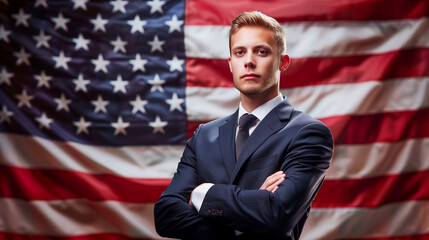 A man in a suit stands in front of the American flag. He is wearing a tie and has his arms crossed