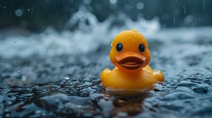 A yellow rubber duck is floating in a puddle of water - Powered by Adobe