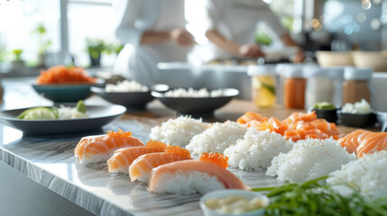 An expert chef focused on the art of making sushi rolls with precision, in a well-equipped commercial kitchen