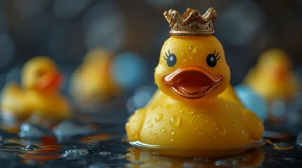 Fotobehang A yellow rubber duck with a crown on its head is sitting in a bathtub © supakitmod