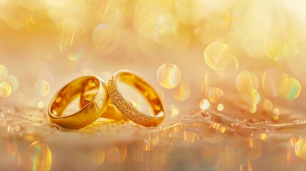 beautiful wedding rings with golden bokeh lights background