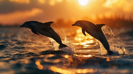 shot of two dolphins diving into the ocean at sunset
