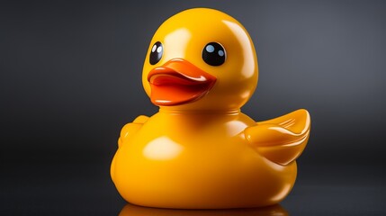 A yellow rubber duck is sitting on a dark surface