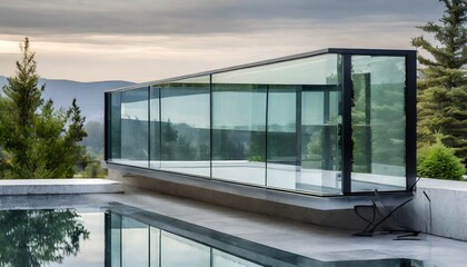 modern office building with glass windows.a modern glass railing with sleek, transparent panels, creating an elegant and minimalist look for a contemporary interior or exterior setting. 