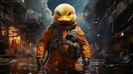 Fototapeta na wymiar A duck wearing a space suit stands in a flooded city