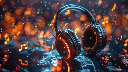 Glowing music sheets notes with headphones on beautiful lights bokeh background.