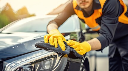 Fototapeta premium Close-up of a male hands washing car. Hands move with purpose, leaving no spot untouched in the quest for a perfectly clean car.