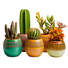 Cartel de plantas de cactus. 
Decoración moderna. Colección de varias plantas de la casa de cactus en maceta sobre fondo transparente.