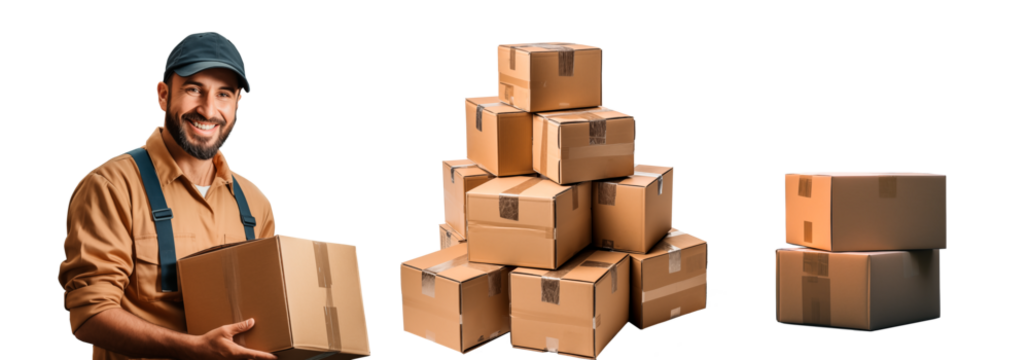 Concepto de servicio de entrega
Retrato de repartidor sonriente en uniforme sosteniendo caja de paquete aislado sobre fondo transparente. - Powered by Adobe