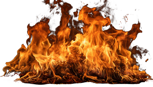 Primer plano de una hoguera encendida.
Llamas y fuego aislados sobre fondo transparente.