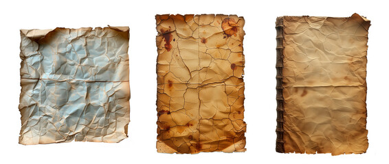 Hojas de papel vintage o pergamino.
Conjunto de papel viejo o colección de pergaminos aislados en transparente.