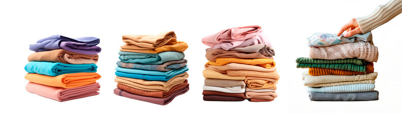 Pila de ropa limpia de diferentes colores apilados aislados sobre fondo transparente.
Servicio de lavandería y tareas domésticas. Tienda de ropa - 757371333