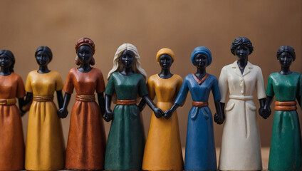 Figures of diverse colors holding hands, symbolizing an inclusive business mindset that values dignity and respect for all individuals. - obrazy, fototapety, plakaty