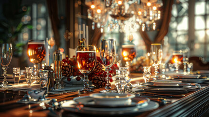 Fototapeta na wymiar A beautifully arranged dining table set with fine glassware and warm candlelight for an upscale meal.