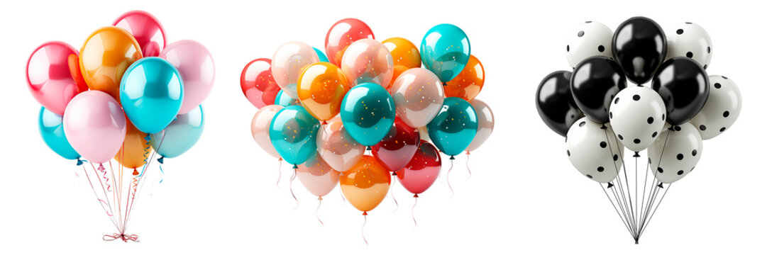 Cumplea&ntilde;os o celebraci&oacute;n globos de colores aislados sobre fondo transparente.
Fondo de fiesta y aniversario.
